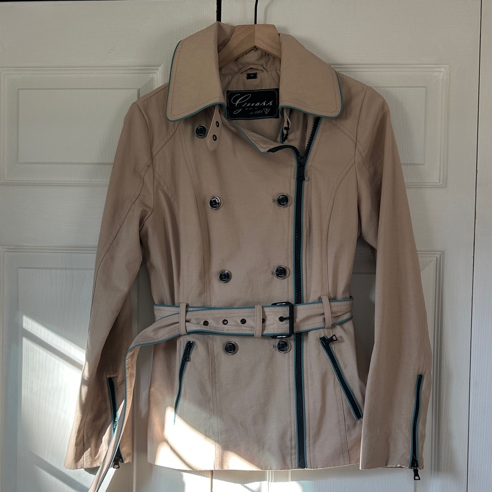 Guess Women's Beige Trench Coat with Teal Accents